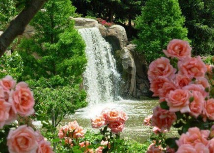 The cascade and the flowers. - flowers, spring, waterfall, cascade