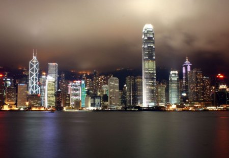 night hong kong buildings  - photography, night, hong kong, nite, buildings, skyscrapers, views, abstract, city, streets, lights