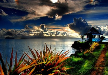 sunset - clouds, sunset, grass, color, ocean, sky