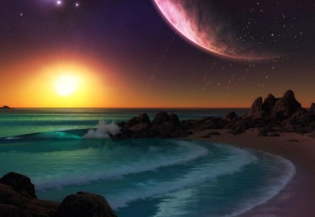 sunset - moon, sky, ocean, beach, stars, color, sunset