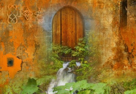 Waterfall Doorway - orange, water, flora