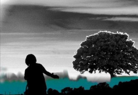 World tree and the silhouette boy - abstract, silhouette, tree, boy, drawing, nature, world, and, computer, the, art