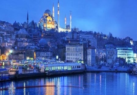 istanbul - travel, city, night, sea, turkey, lights