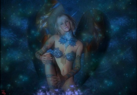 One of my Guardian Angels - female, blue, heavens, angel, stars, winged, bikini, wings, sky