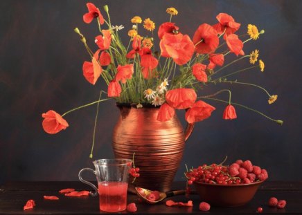 Fruitful Blessing - blessing, still life, poppies, fruits