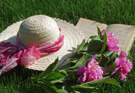 book, hat & peonies