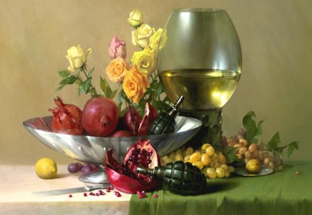 Still life - eat, yellow, health, food, fruit, rose, still life