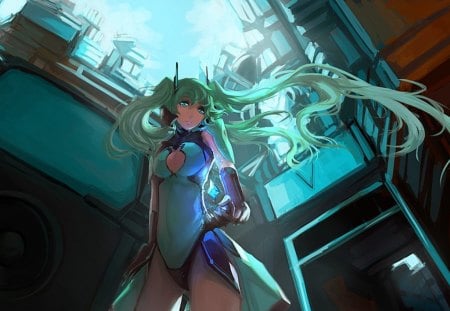 Anime - vocaloid, anime, miku, green, city