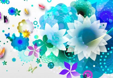 Blue Flower Abstraction - turquoise, aqua, circles, colorful, summer, cyan, bright, dots, abstract, floral, cool, blossoms, blue, color, butterflies