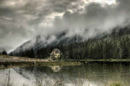 House on the Lake - forest, ground, grass, land, architecture, nature, windows, mountain, water, weeds, wood, lake, clouds, house, trees, day, doors