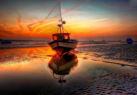 BOATS REST at SUNSET - boats, sunset, beach, low tide, ocean, rest