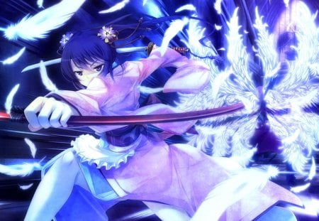 Fight! - game, blue, katana, girl, feathers, kimono