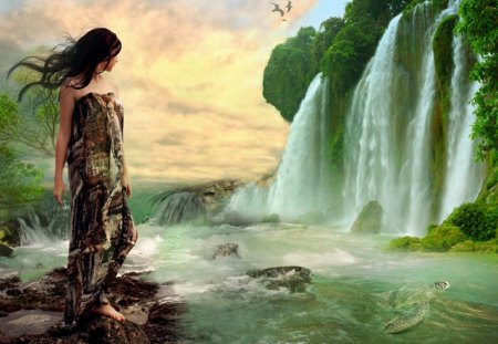 A Little Piece of Beauty - abstract, trees, waterfalls, birds, yellow, seaturtle, falls, rock, girl, nature, sky, animals