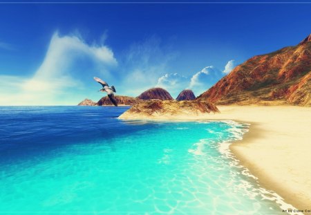 Blue Water Beach - ocean, beach, sky, mountain, daylight, day, water, nature, brown, clouds, tan, blue, sand