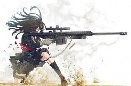 Fighter - gun, black hair, girl, red and black