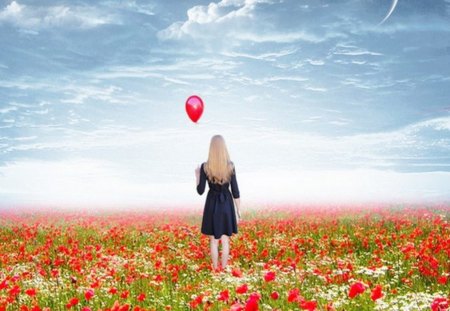 Girl in the Land of Dreams - girl, field, flowers, land, balloon