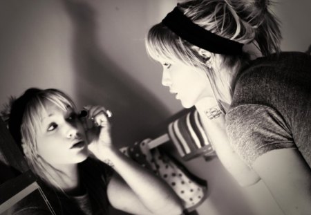 Almost Ready ... - woman, beauty, black and white, makeup, model, face, mirror, photoshop, beautiful, photograph, ready