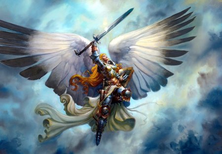 The sword to the victorious - beauty, angel, girl, magic, wings, colorful, lovely, heaven, lord, beautiful, sword, color