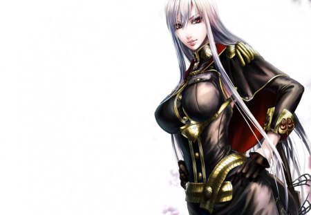 Selvaria Bles - plain background, female, long hair, white background, games, valkyria chronicles, selvaria bles, anime, video games, white hair