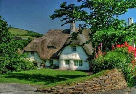 Stucco Cottage Home - stucco, cottage, stone, thatched roof, fairy tale, english