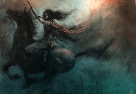 ARCHER ON HORSEBACK - archer, war, girl, gothic, horse, storms, woman, riding, art