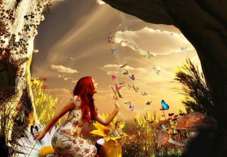 The Butterfly Cave - cave, fantasy, nature, woman, daisy, butterfly