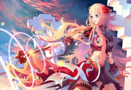 Magic Girl - anime girl, magic girl, female, flower hair, hot, staff, cool, long hair, cloud, pink hair, sexy, sky