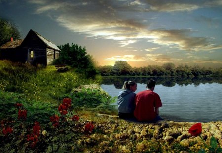 Frienship - sunset, girl, nature, couple, boy