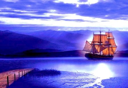 MOONLIGHT SAILING - moonlight, ship, mountain, dock