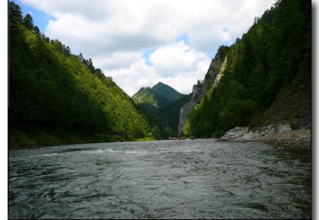 Dunajec, Poland - shores, hills, stream, poland, forests, sky, clouds, trees, water, river rafting, dunajec, river, pines, nature, mountains, rocks, spruces