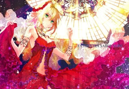 Saber Extra - girl, petals, anime, flowers, saber extra, dress