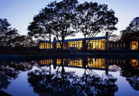 Modern Day Home on the Lake - silhouette, trees, reflection, beautiful, night, house, lights