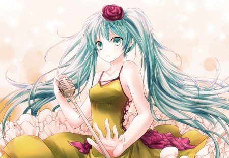 Hatsune Miku - music, anime girl, white, art, purple, amazing, yellow, cool, aqua eyes, artistic, hatsune miku, song, stunning, vocaloids, program, vocaloid, beautiful, diva, dress, nice, beauty, twintail, singer, aqua hair, black, virtual, pretty, idol, anime, miku, cute, twin tail, girl, gold, cg, hatsune, microphone, blue, flowers, digital, awesome