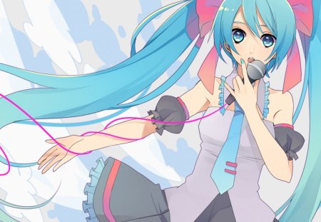 Hatsune Miku - tie, pretty, singing, artistic, twin tail, uniform, stunning, nice, program, beauty, virtual, cg, white clouds, white, sunset, cute, aqua eyes, song, outfit, vocaloid, anime, blue, amazing, twintail, hatsune miku, microphone, music, aqua, art, sky, ribbons, idol, clouds, anime girl, skirt, beautiful, singer, girl, cool, black, miku, awesome, diva, digital, aqua hair, hatsune, vocaloids