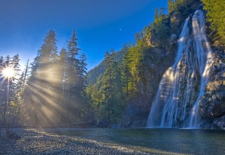 Beautiful waterfall - magic, fields, splendor, veautiful, lovely, colorful, nature, waterfall, sun