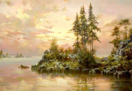 Yu.Obuhovsky. Karelia - tree, yu obuhovsky, sunset, painting, art