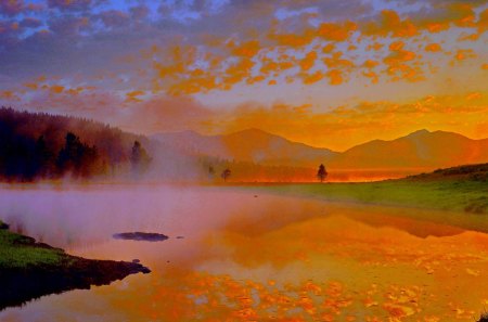 MISTY LAKE - creek, wetland, stream, scenic, mountain, wyoming, usa, misty, tranquility, weather, yellowstone national park