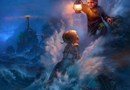 LIGHTING THE WAY - lighthouse, secrets, oceans, children, friends, mermaids, night time, sea, lights