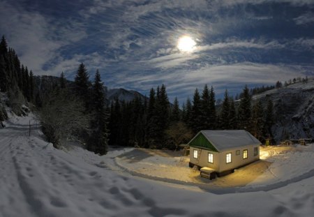 House in middle - moon, house, middle, night