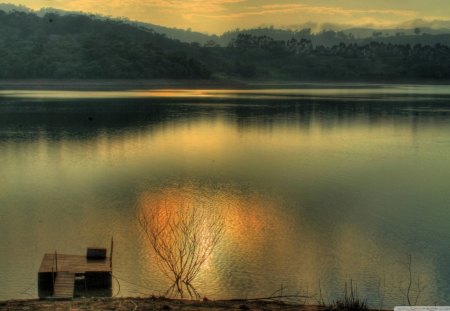 Morning Sunrise - lake, sky, trees, daylight, day, dock, light, water, deck, wood, nature, forest, yellow, reflection, clouds, sunrise