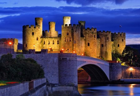 Castle at night - sky, building, water, night, summer, evening, reflection, castle, beautiful, river, clouds, bridge, lights