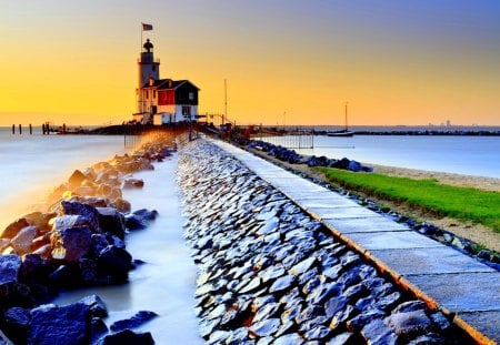 LIGHTHOUSE - morning, navigation, lighthouse, lake, landscape, unesco, dike, sunrise