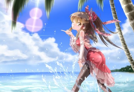 Hakurei Reimu - beach, sky, hot, anime girl, brown hair, touhou, cool, cloud, walk, wink, sexy, long hair, wet, hair bow, hakurei reimu, bamboo, sunrise