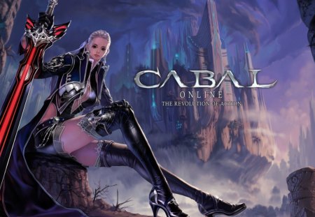 Cabal - sitting, sexy, hot, female, fantasy, armor, cabal, cool, castle, sword, high heels, breasts, cabal online