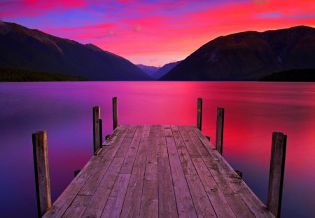 JETTY on LAKE - sunset, smooth, lake, natural beauty, jetty, mountain