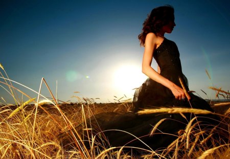 FEEL the NATURE - black dress, field, female, wheat