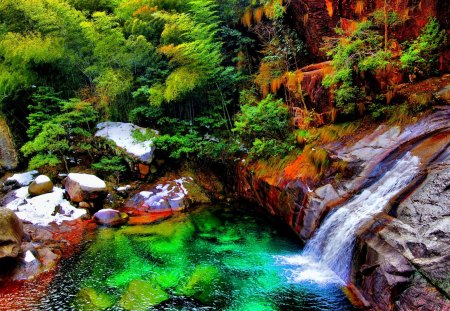 ROCKY MOUNTAIN FALLS - forest, mountain, green, waterfalls, pool, pond, rocky