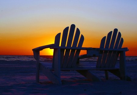 Sunset scenery - sky, beach, sun, chairs, sea