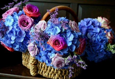 Blue basket - flowers, roses, basket, blue, willow