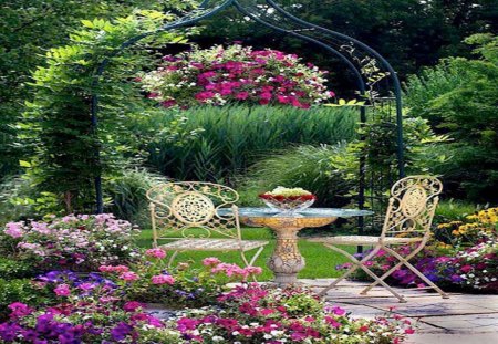 Lovely Courtyard - flowers, patio, garden, table, chairs, pair, wrought iron